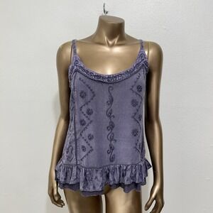 Cute Options Purple Sand Washed  Tank Top Embroidered Ruffled Hem Boho Fairy XL